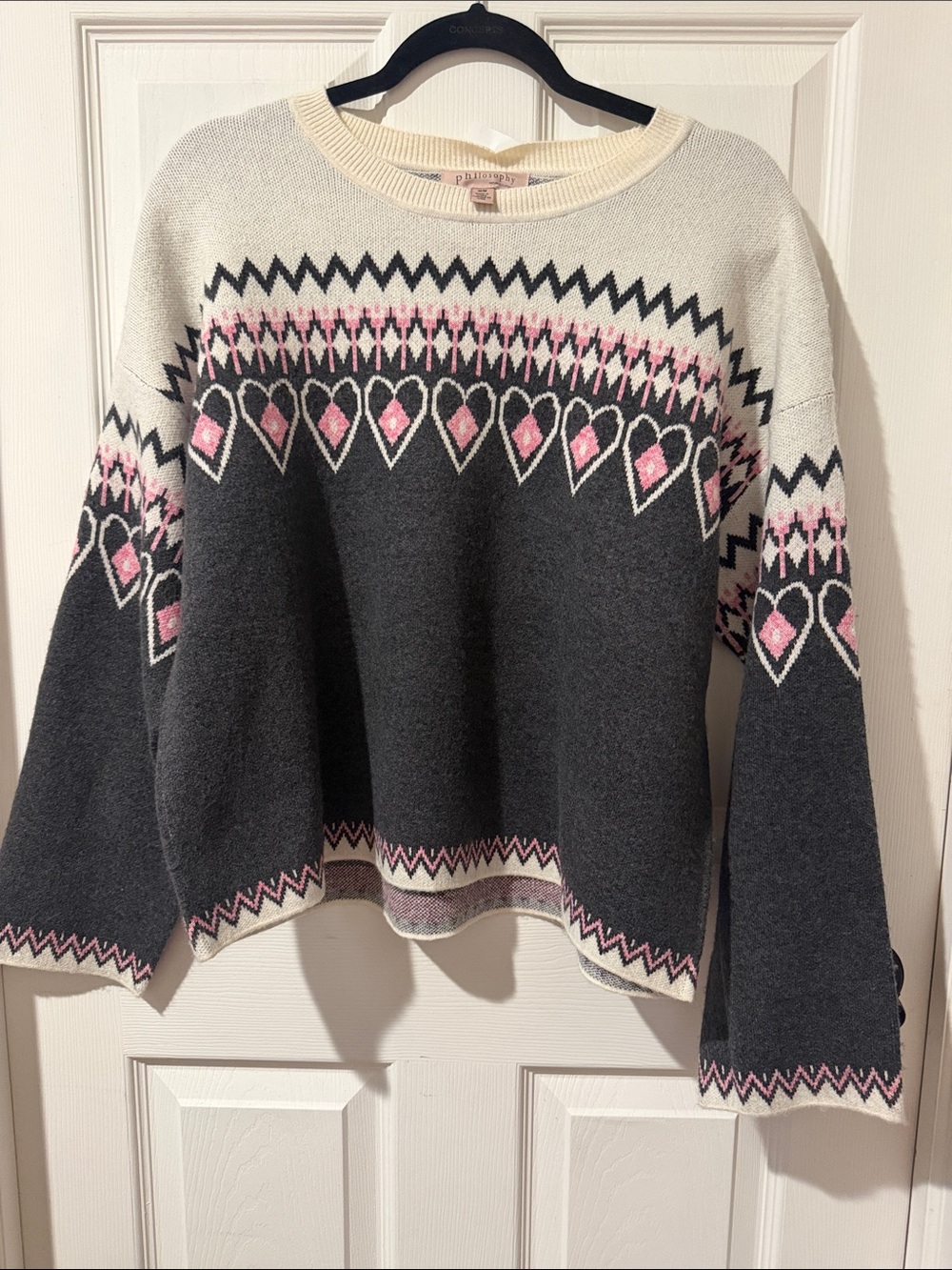 Philosophy Charcoal, Ivory & Pink Fair Isle Crewneck Sweater
